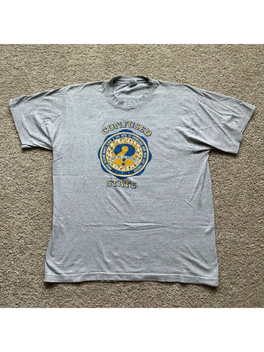Vintage 80s Confused State T-Shirt Gray XL Single Stitch Collegiate Parody Humor